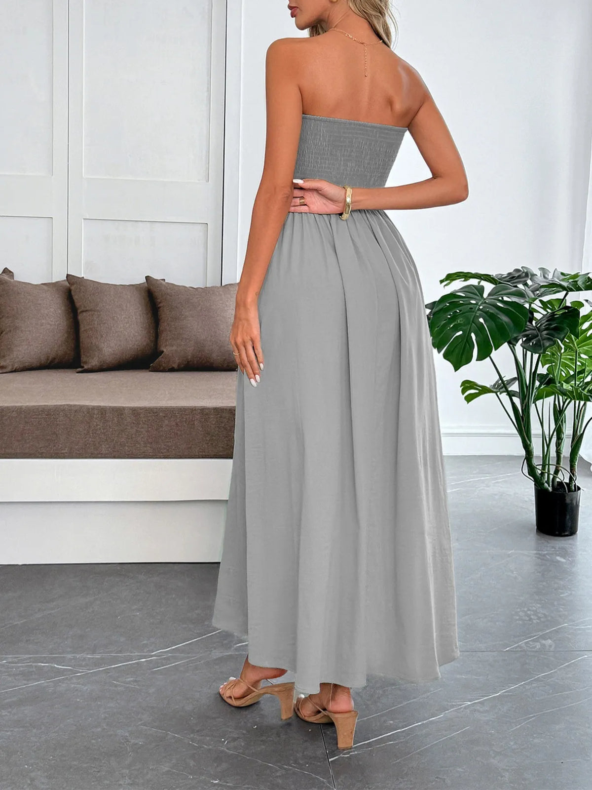 smocked tube maxi dress neckline detail