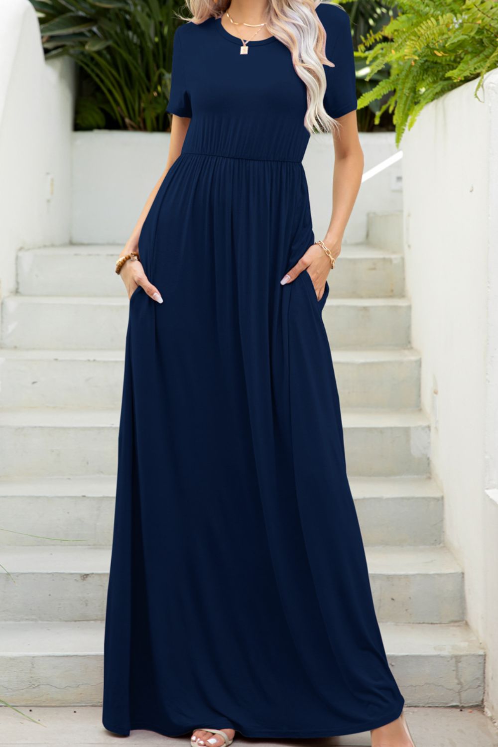 round neck maxi tee dress with pockets neckline detail