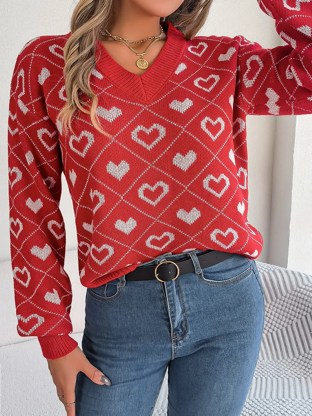 Heart Pattern V-Neck Long Sleeve Sweater - Fashorio