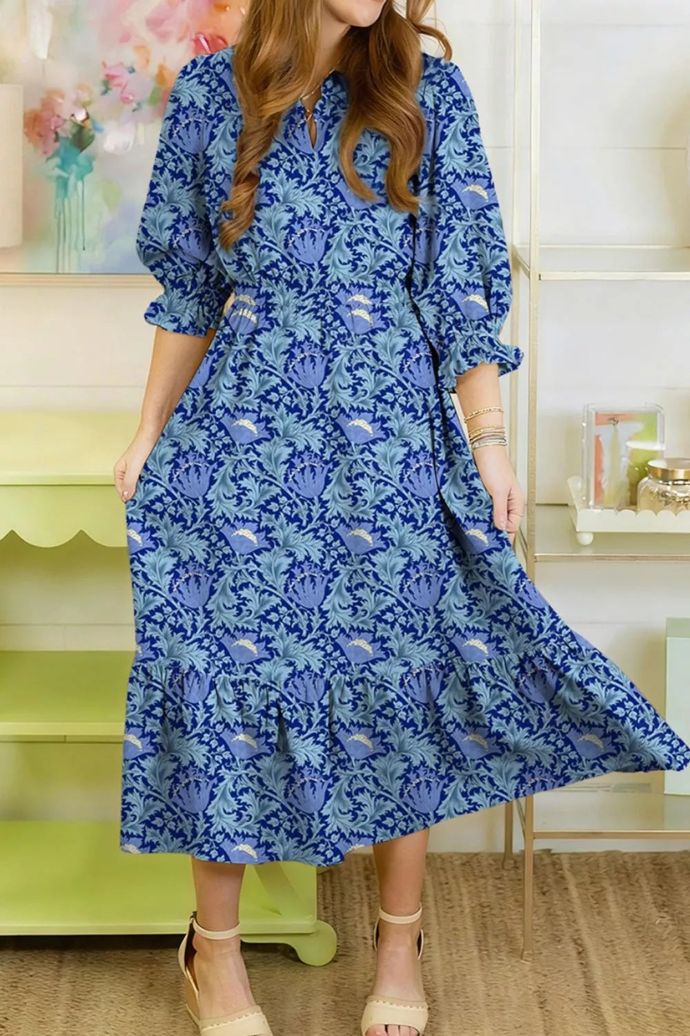 Dusty blue floral V neck tiered maxi dress styled view