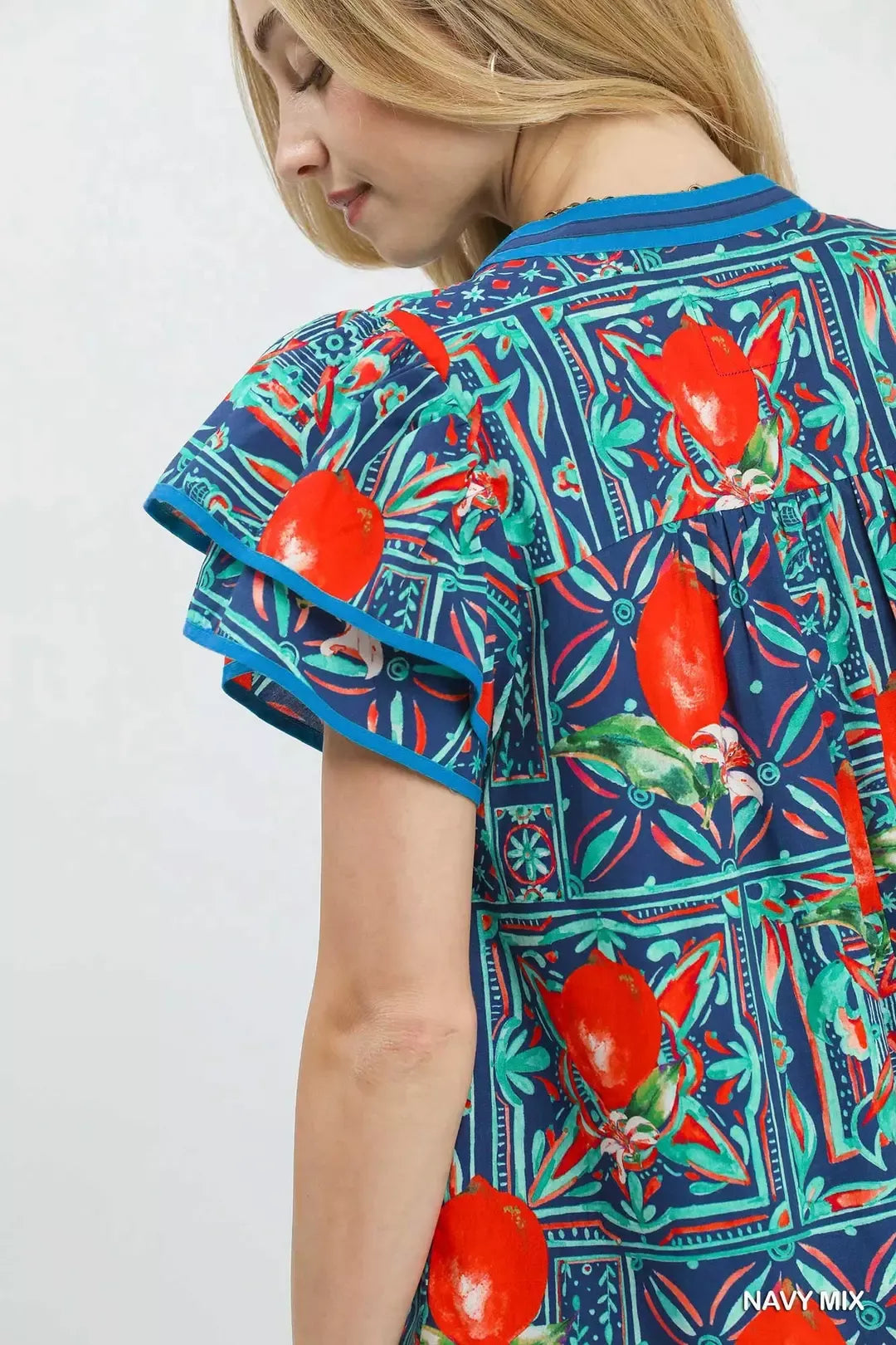 Navy abstract blouse neckline detail