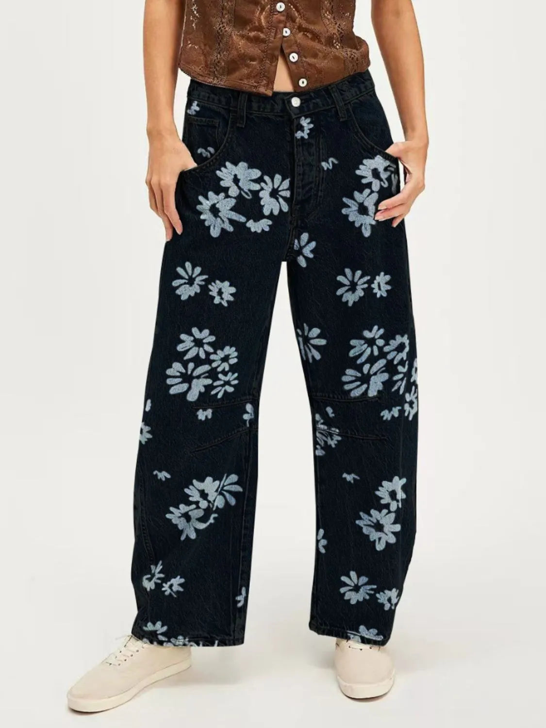 Patterned wide leg jeans fabric detail