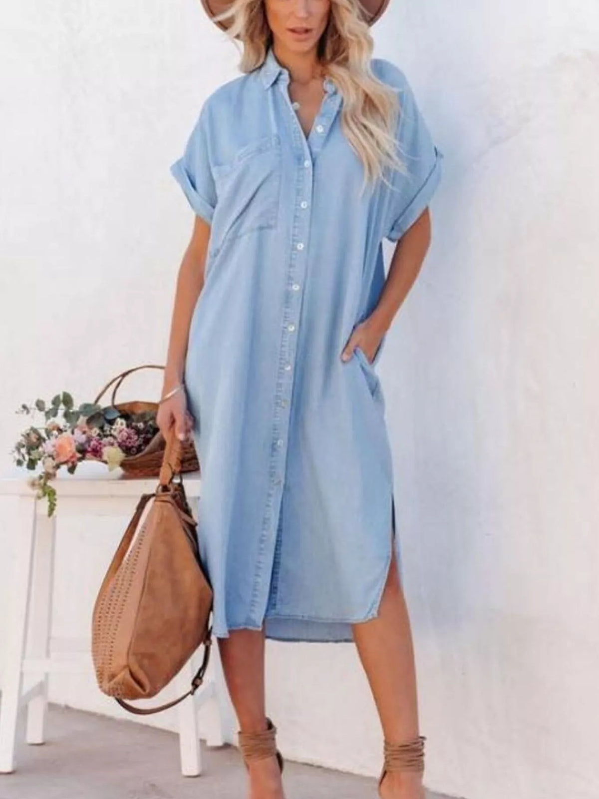 Light blue button front collared shirt dress with side slits front view