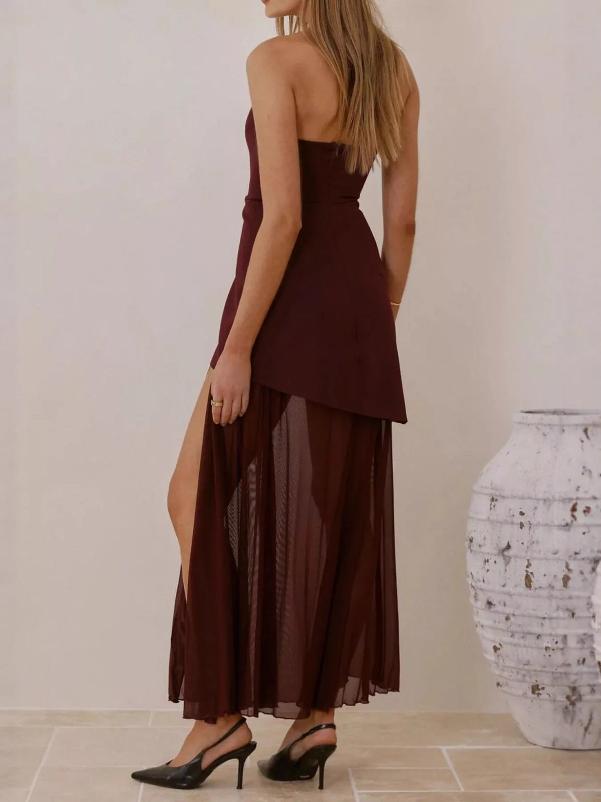 High slit mesh tube maxi dress full length view