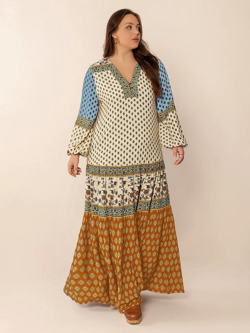 Printed V Neck Balloon Sleeve Maxi Dress front view
