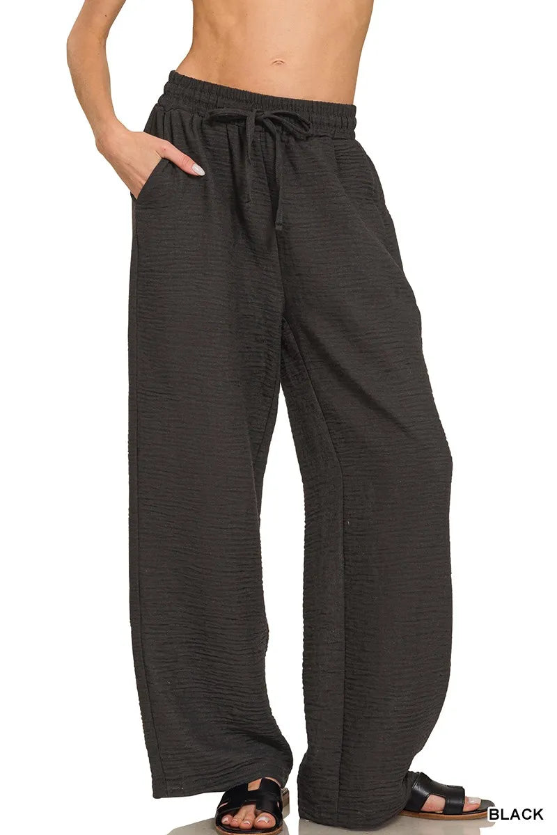 Zenana Woven Crepe Elastic Band Pants BLACK - Fashorio