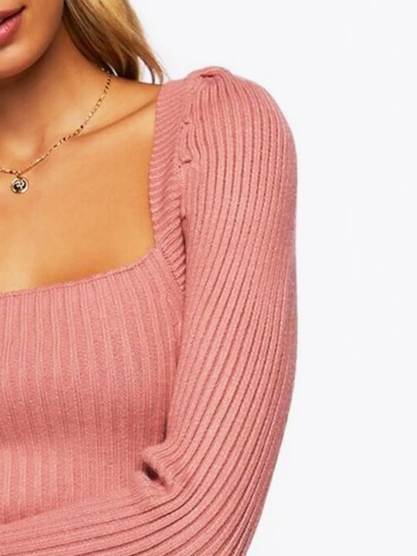 Ribbed Square Neck Long Sleeve Sweater - Fashorio