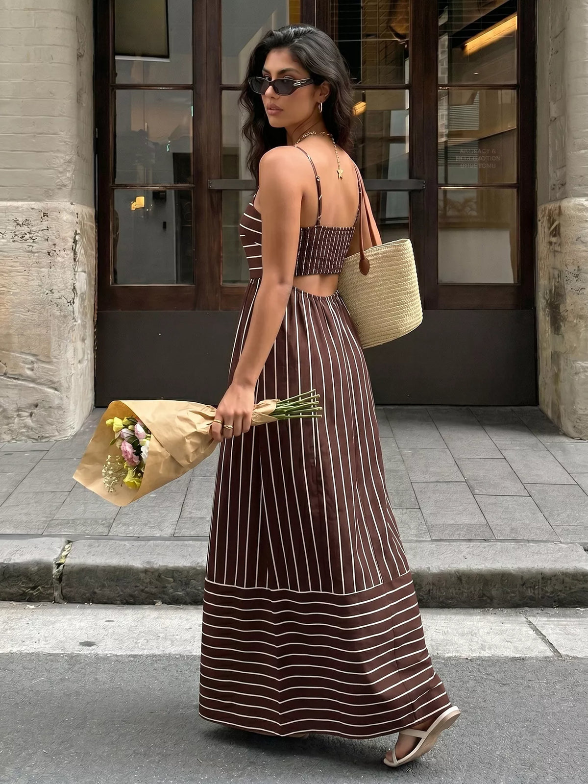 Striped maxi dress strap and shoulder detail