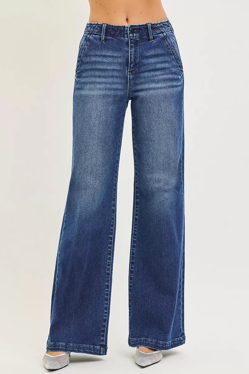 RISEN high rise slanted pocket wide leg jeans front view