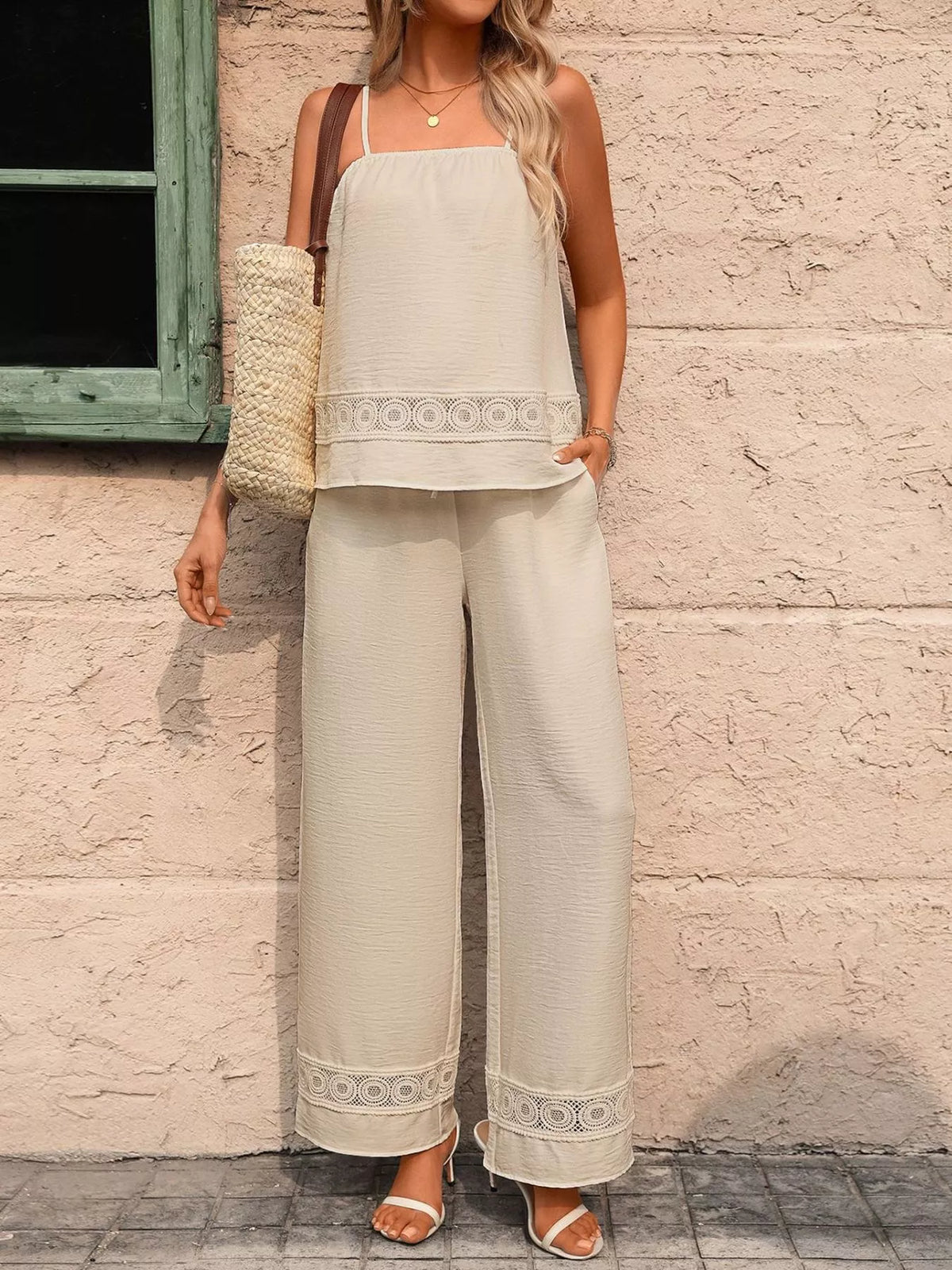 Lace Trim Cami and Wide Leg Pants Set, view 6