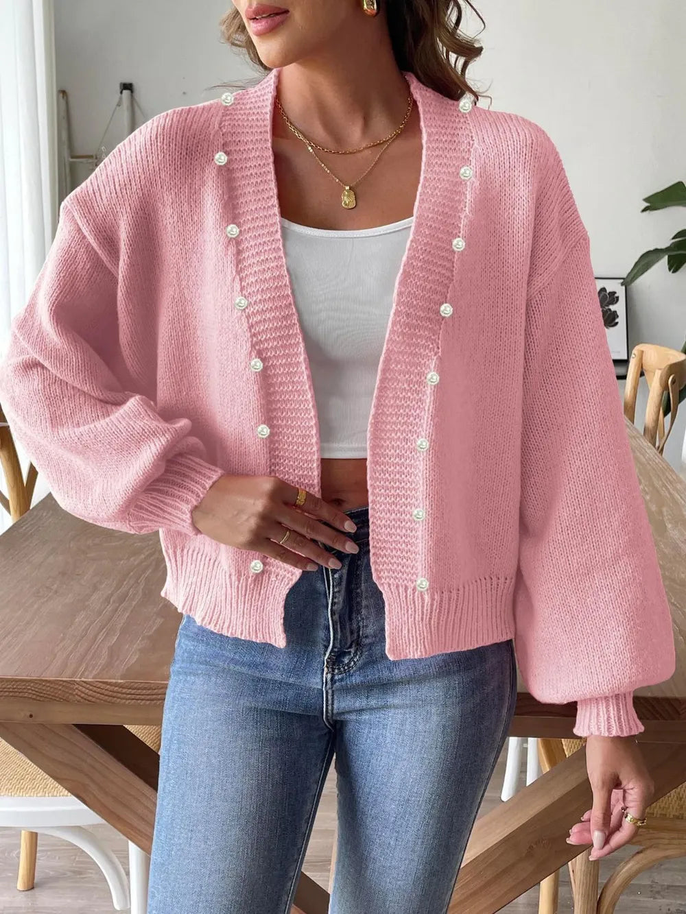 Pearl Open Front Long Sleeve Cardigan - Fashorio
