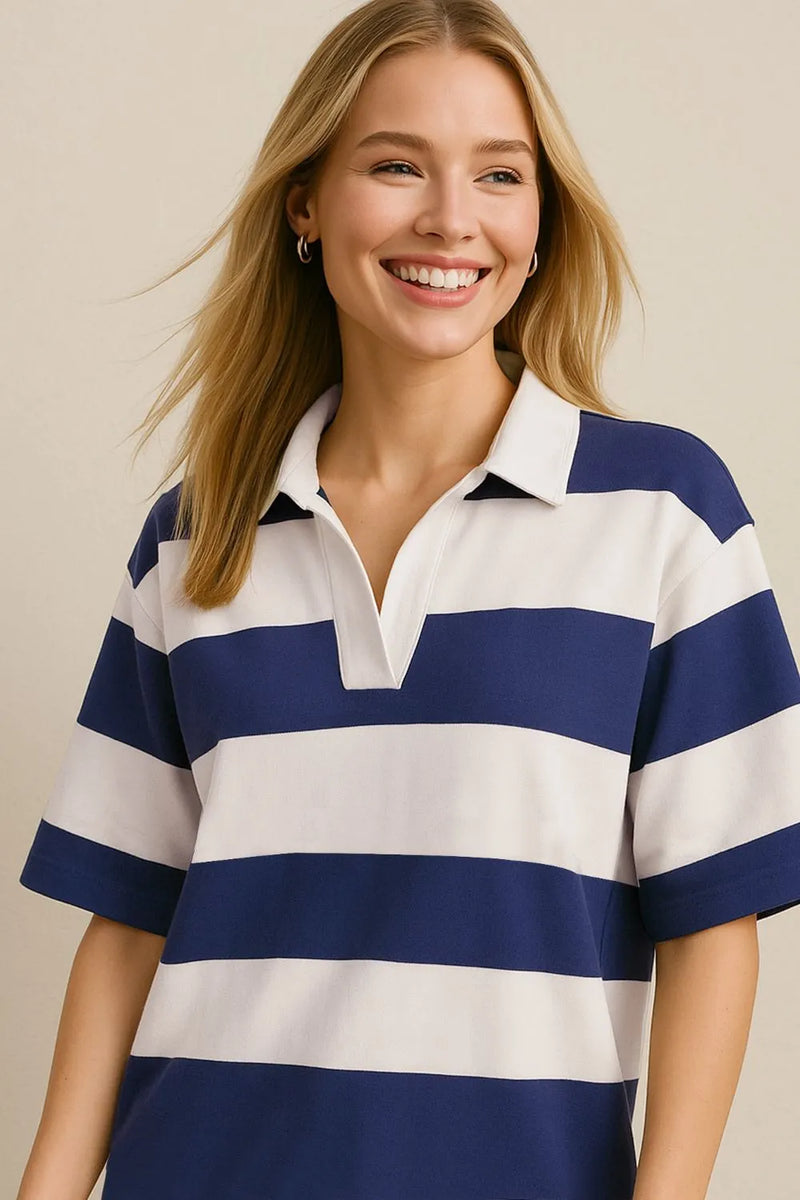 Dusty blue pima cotton johnny collar half sleeve top front view