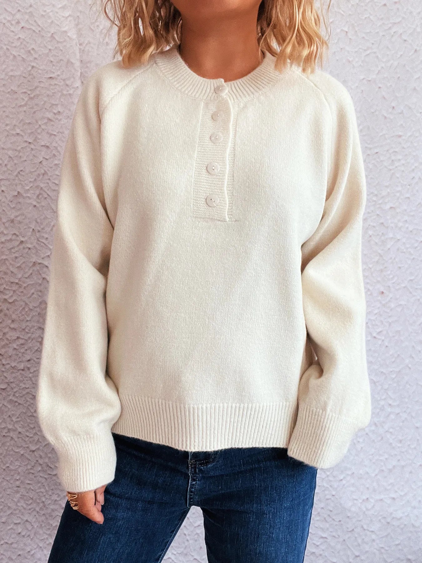 Button-Front Long Sleeve Sweater - Fashorio