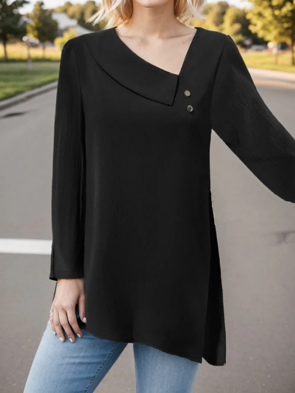 Asymmetrical Neck Long Sleeve Blouse Black - Fashorio