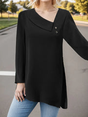 Asymmetrical Neck Long Sleeve Blouse Black - Fashorio