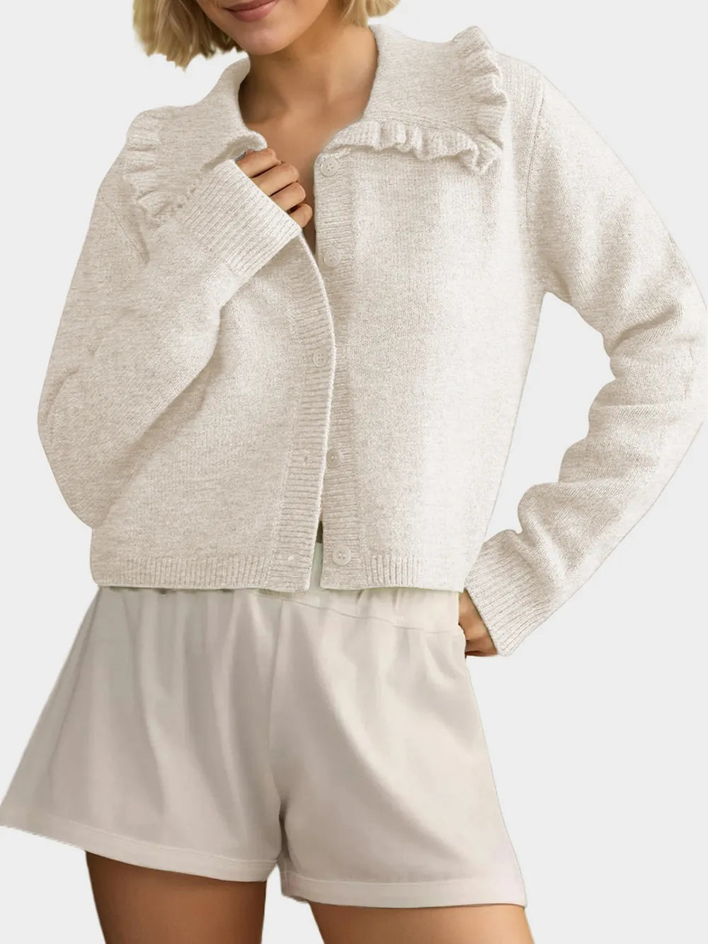 Frill Button Up Collared Neck Long Sleeve Cardigan White - Fashorio