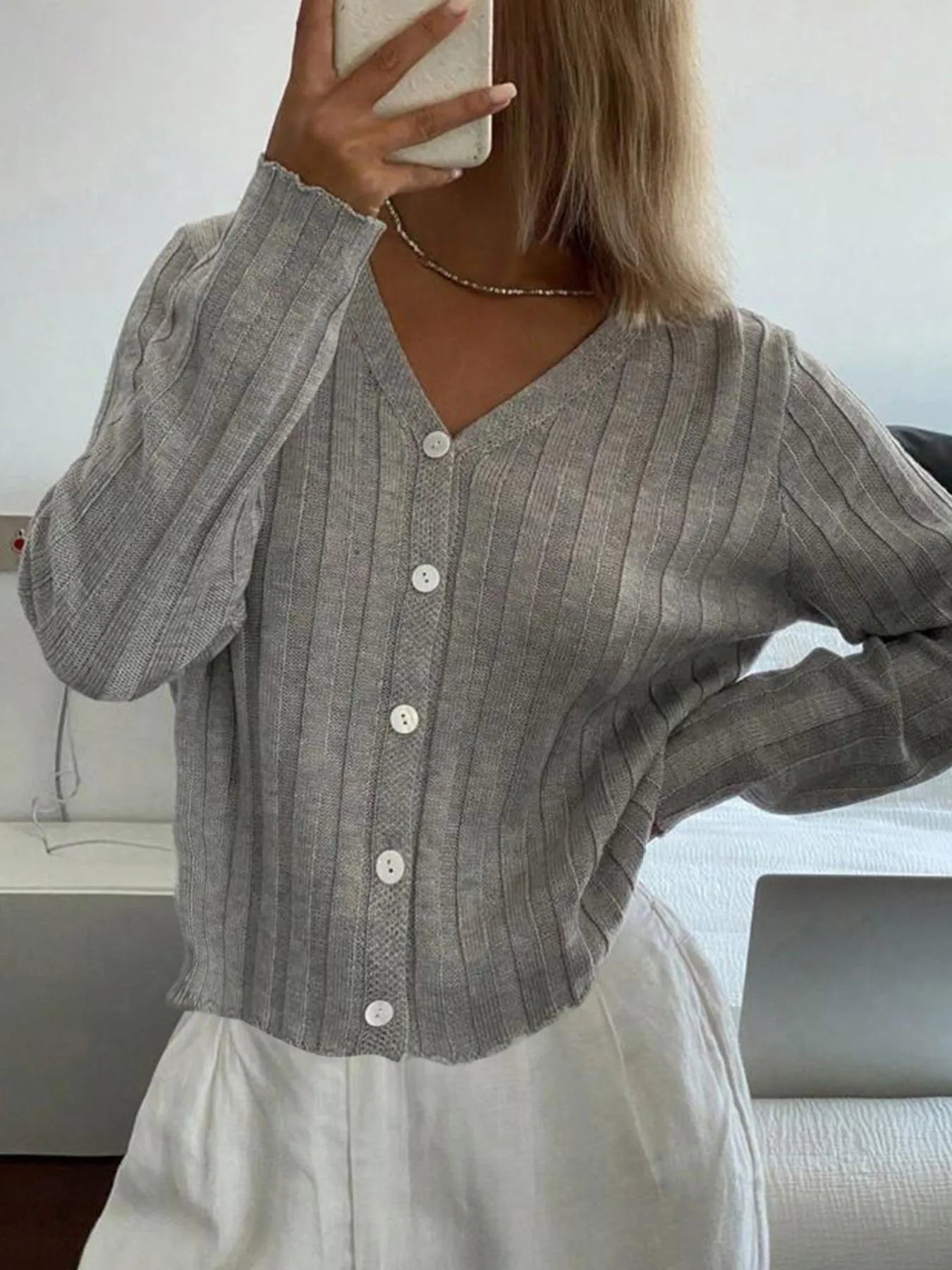 Ribbed Button-Up V-Neck Cardigan Gray - Fashorio