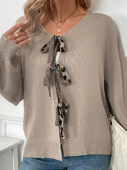 Perfee Tied Contrast Heart V-Neck Long Sleeve Cardigan - Fashorio