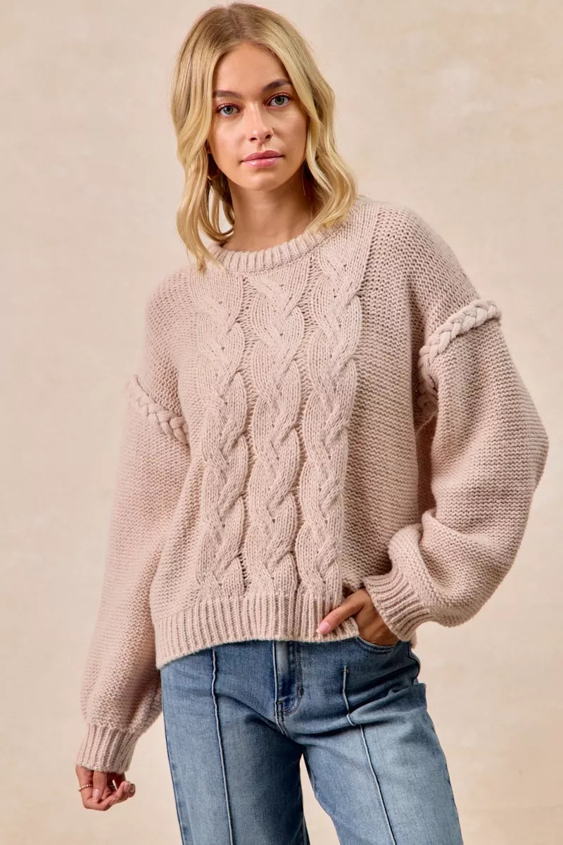 Cable Knit Sweater with Shoulder Braid in Mocha