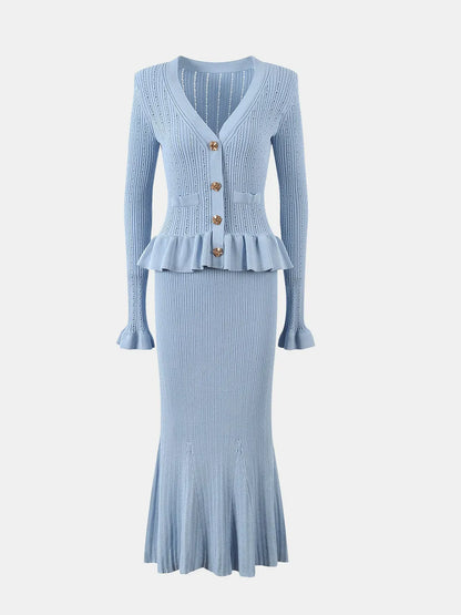 Ruffled V-Neck Top and Midi Skirt Sweater Set - Fashorio