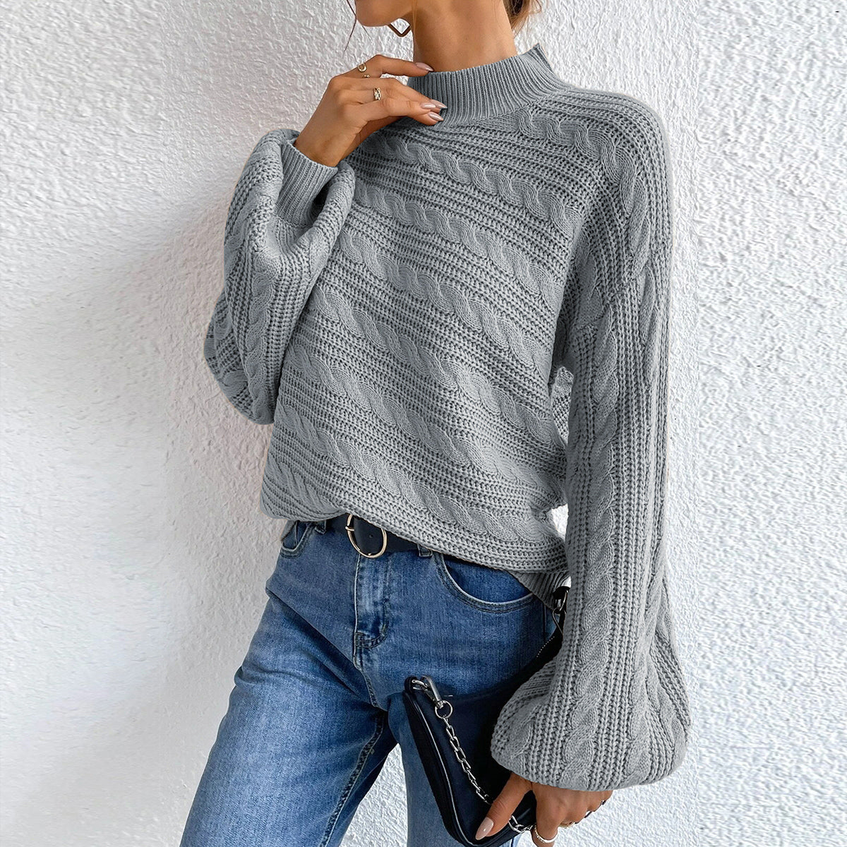 Cable-Knit Mock Neck Long Sleeve Sweater - Fashorio