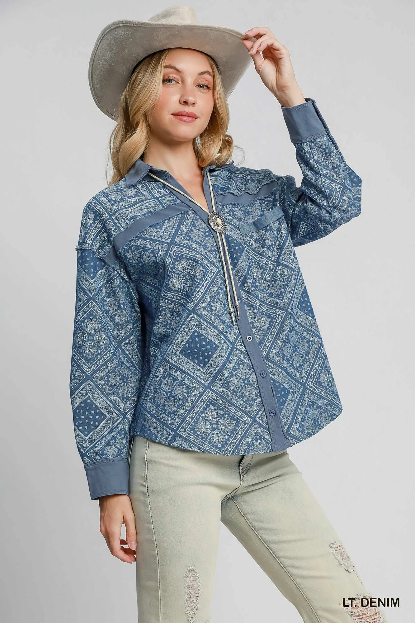 Umgee Paisley Print Denim Shirt Jacket - Fashorio