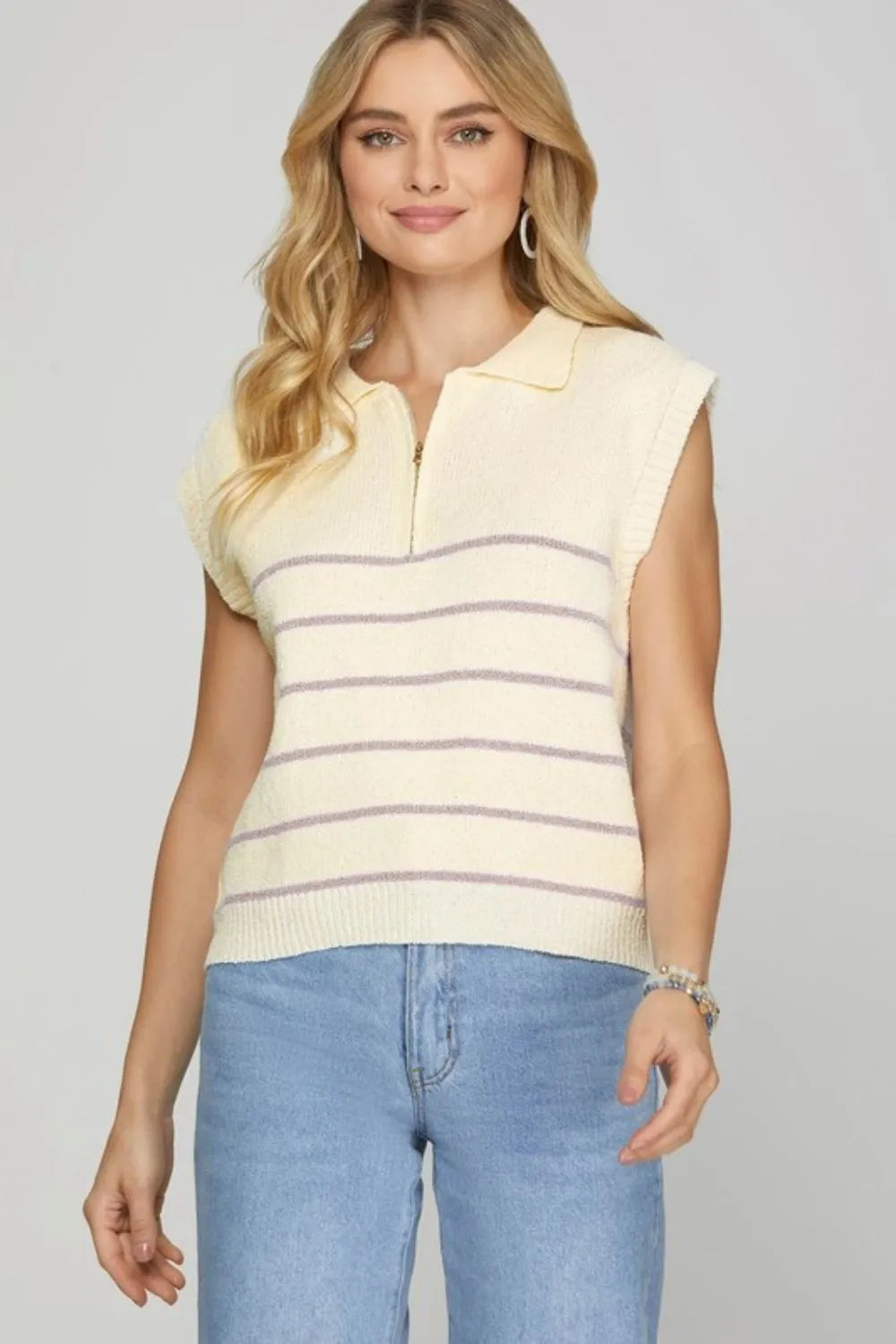 Striped Half Zip Sweater Vest in Pink and Purple