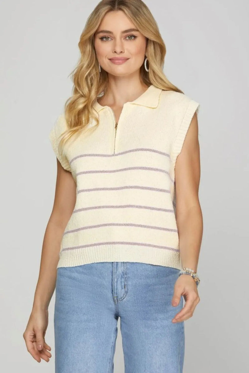 Striped Half Zip Sweater Vest in Pink and Purple