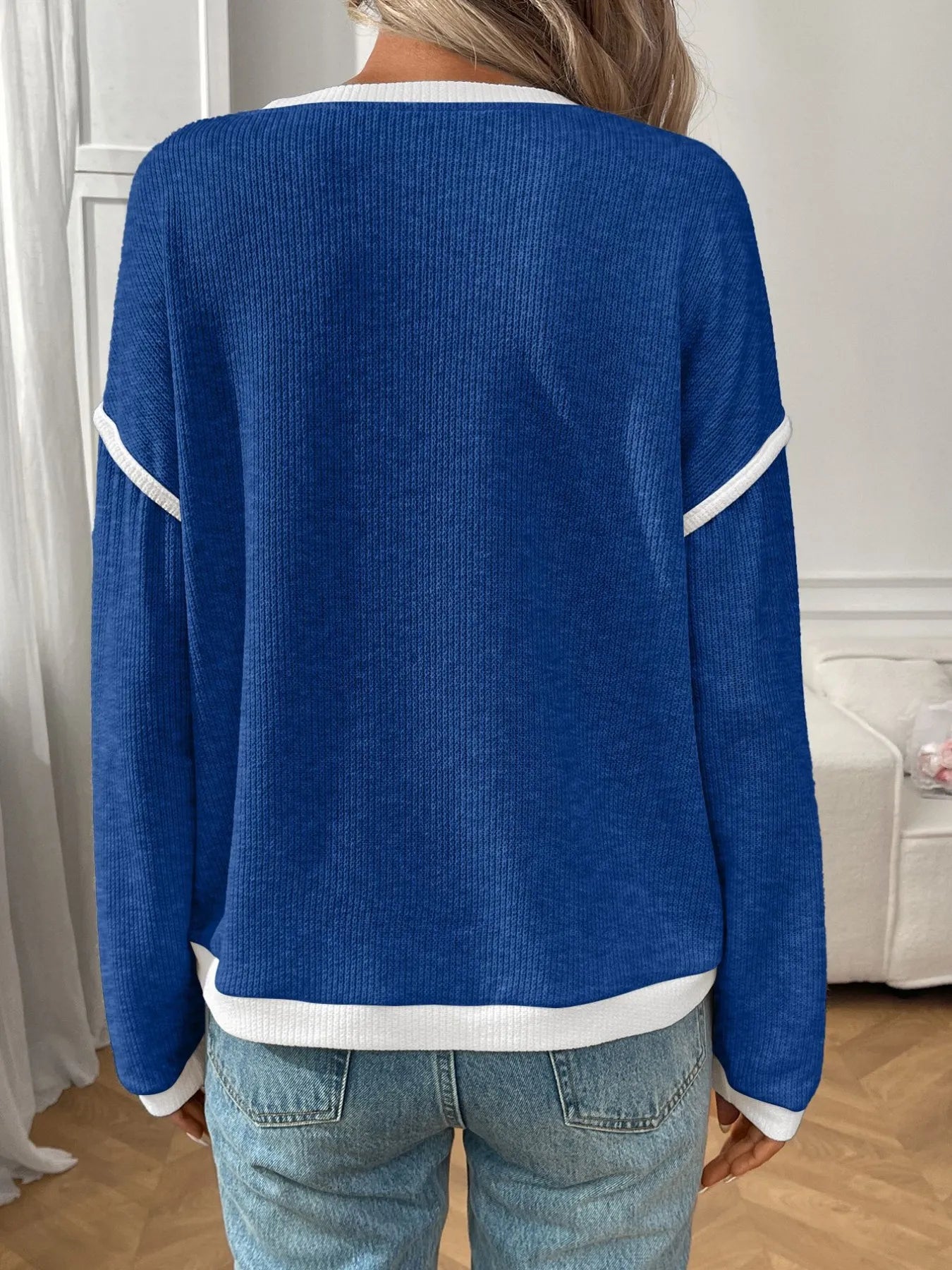 Ribbed Contrast Trim Long Sleeve Top - Fashorio