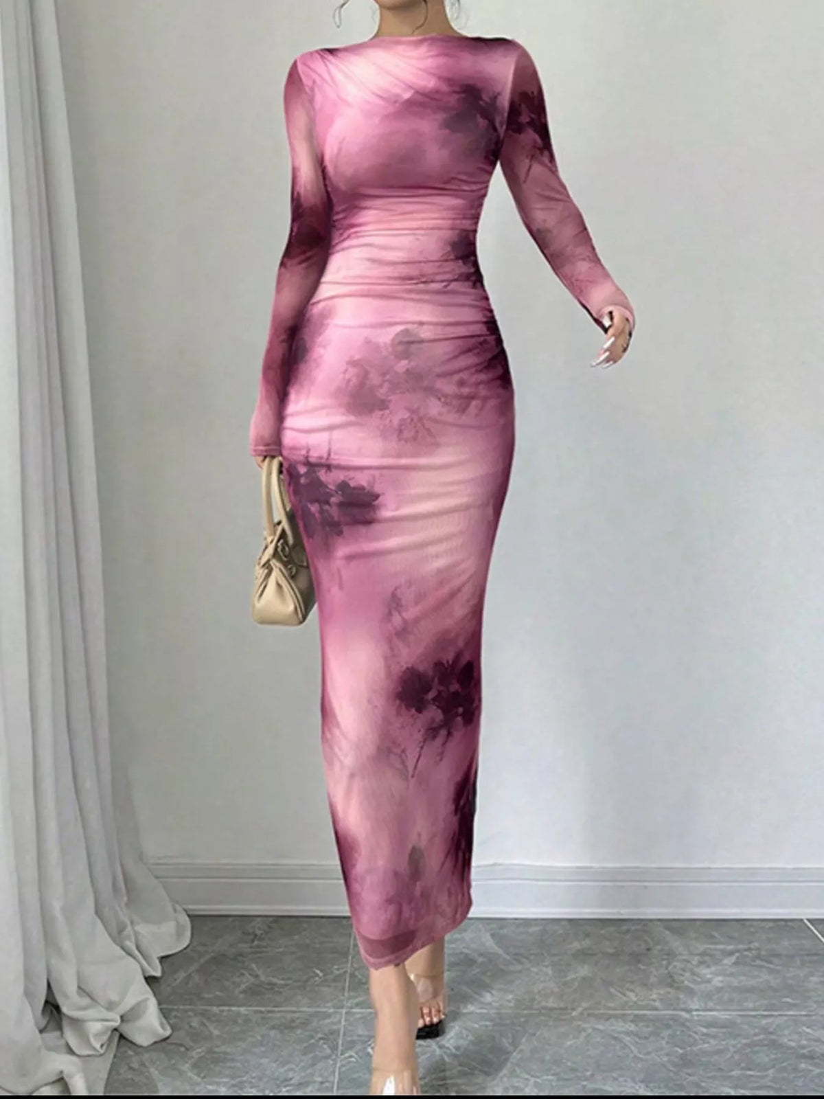 Tie dye ruched bodycon maxi dress back view