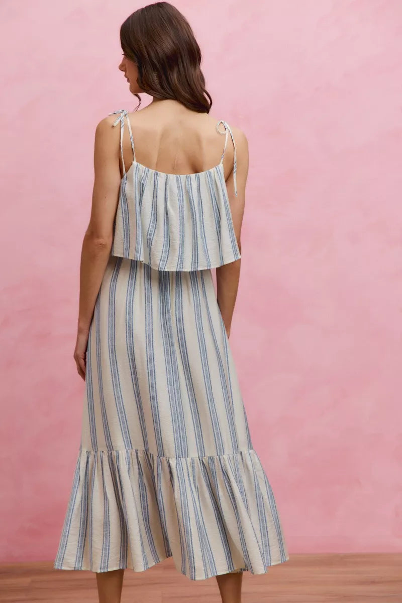 White and blue striped tiered midi dress with shoulder ties front view