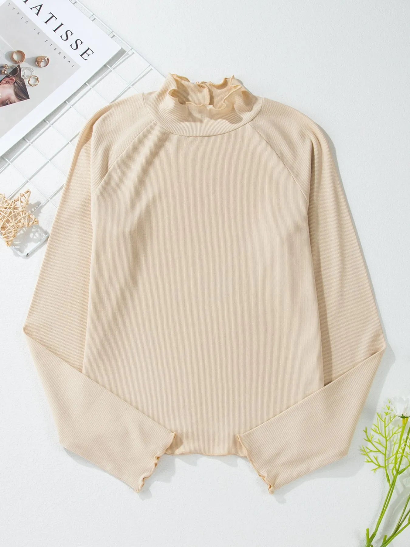 Ribbed Knit Lettuce Trim Mock Neck Long Sleeve Top - Fashorio