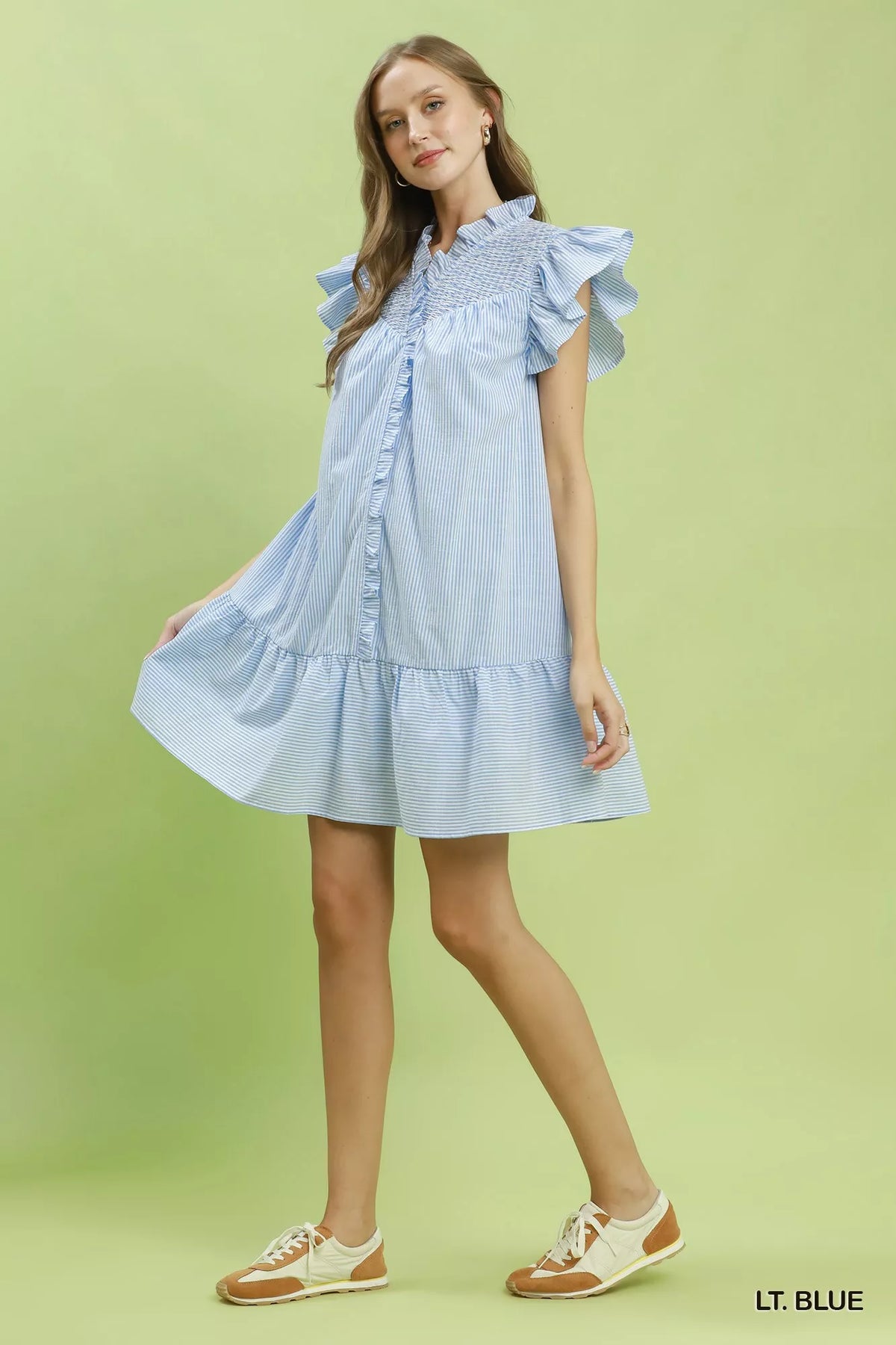 Light blue striped smocked yoke ruffle dress detail view