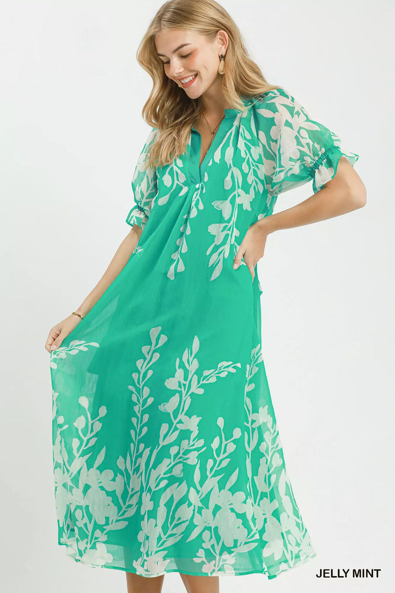 Mint green floral tie waist midi dress front view