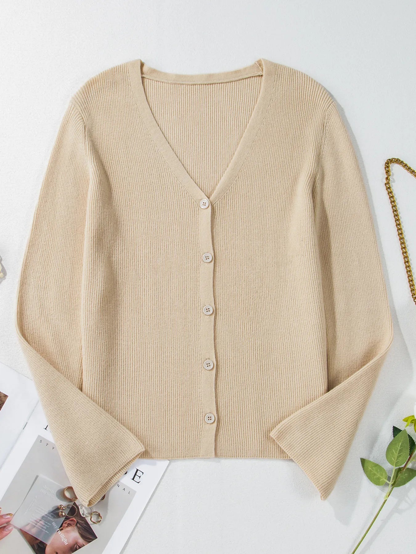 Ribbed Knit Button Front V Neck Cardigan - Fashorio
