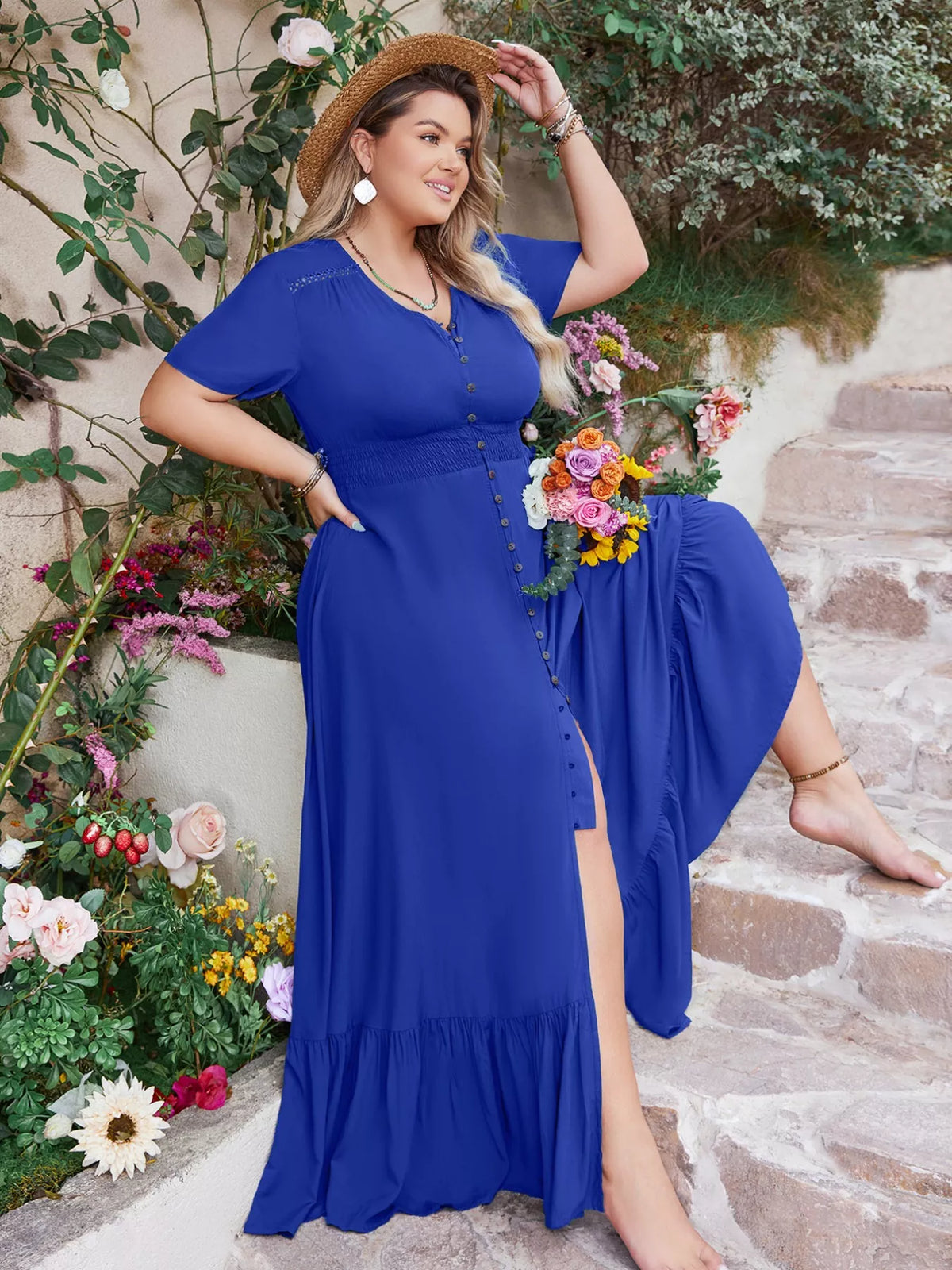 V-neckline and ruched waist maxi dress full length