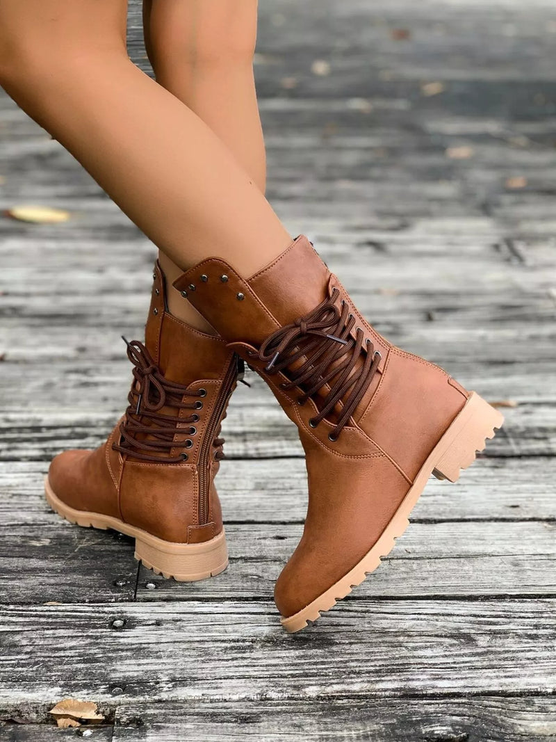 round toe block heel boots front view