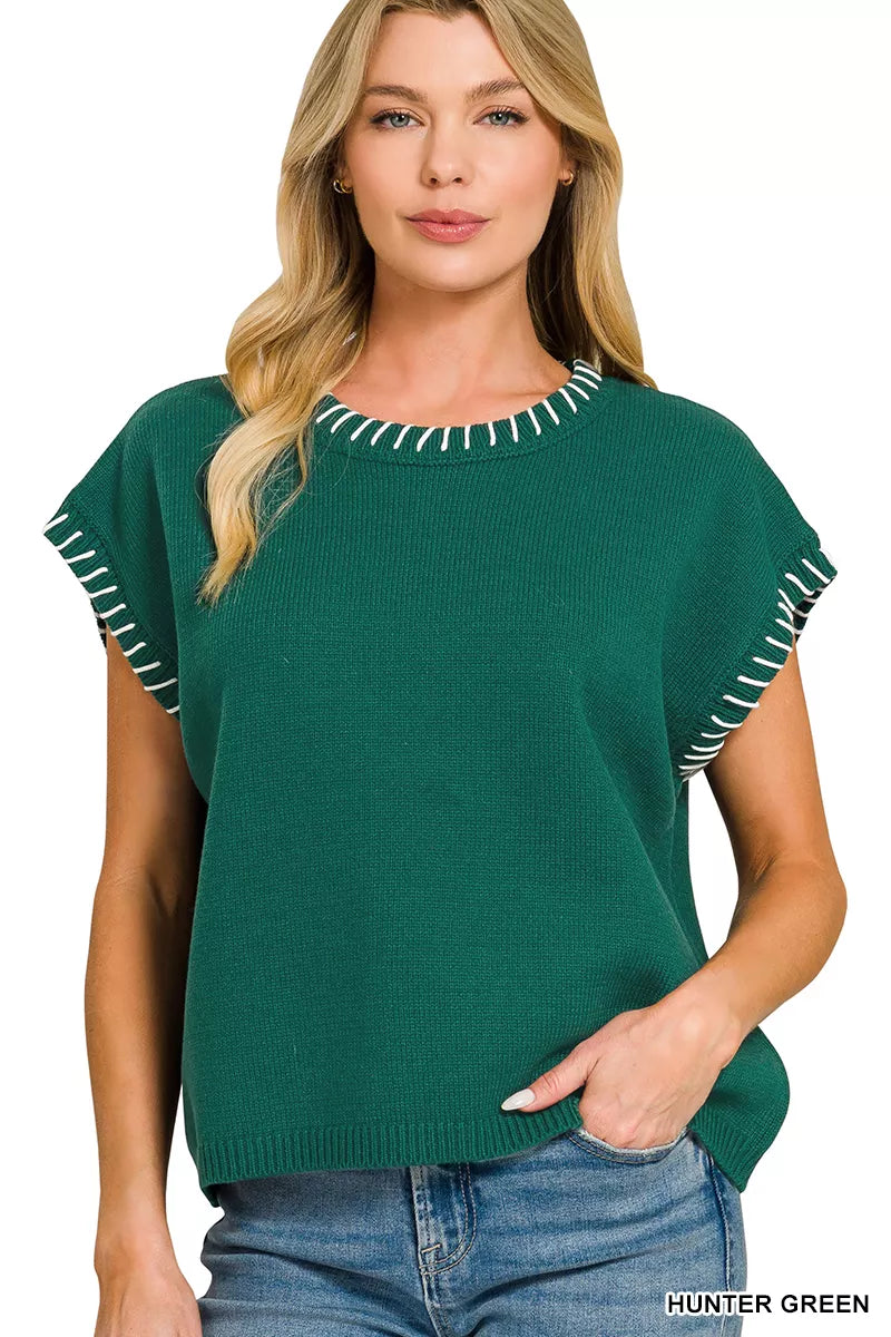 Hunter green stitch detail oversized sweater front