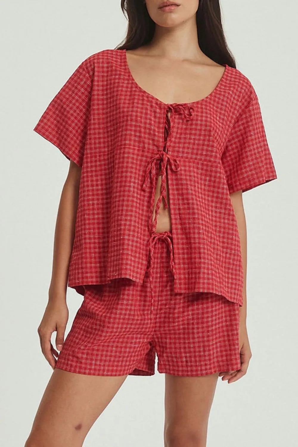 Plaid Tied Scoop Neck Short Sleeve Top and Drawstring Shorts Set styled look