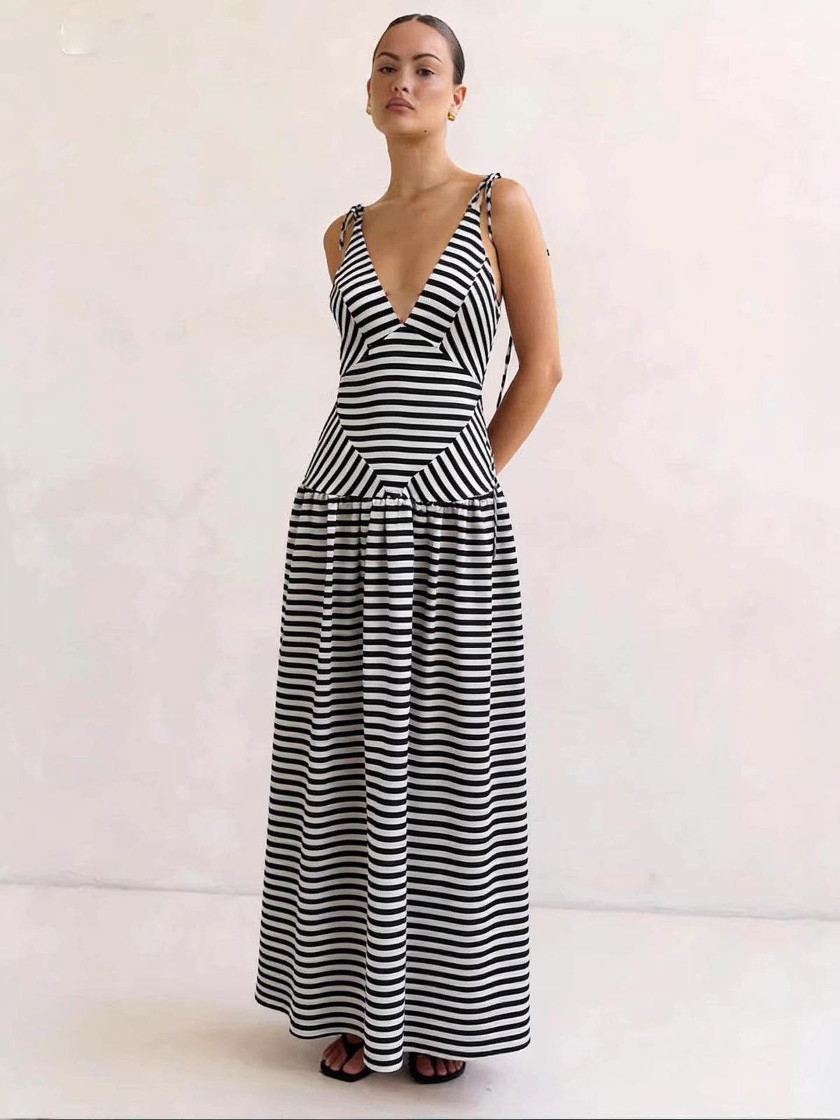 Striped v neck tie shoulder maxi dress detail view