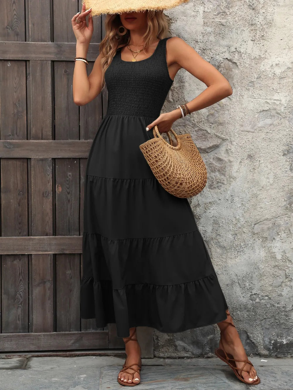 Smocked Scoop Neck Tank Maxi Dress, back view