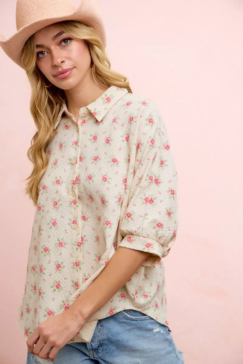 BiBi red floral dolman sleeve blouse, on model