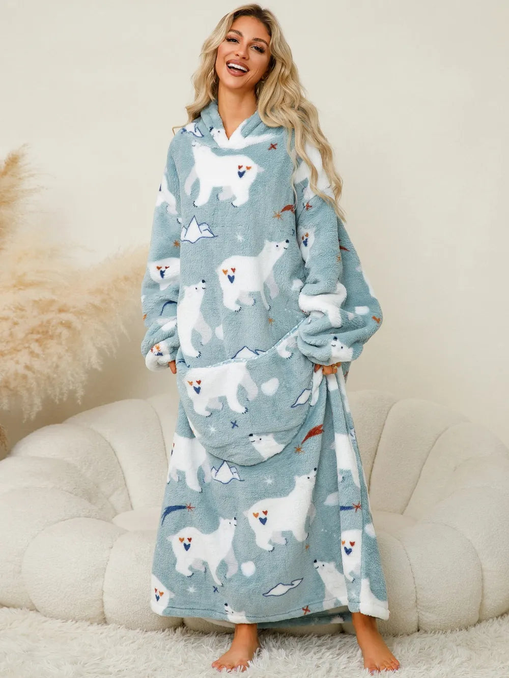 Fuzzy Pocketed Long Sleeve Hooded Lounge Dress - Fashorio