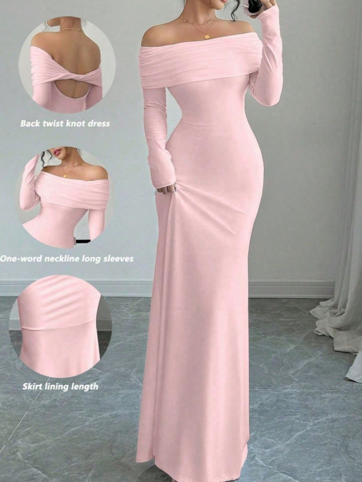 off shoulder long sleeve maxi dress fabric and detail close up