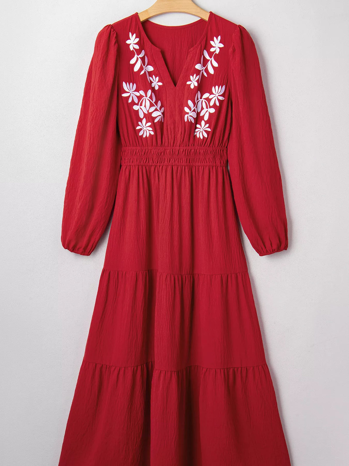 rust embroidered cinched waist tiered maxi dress side view