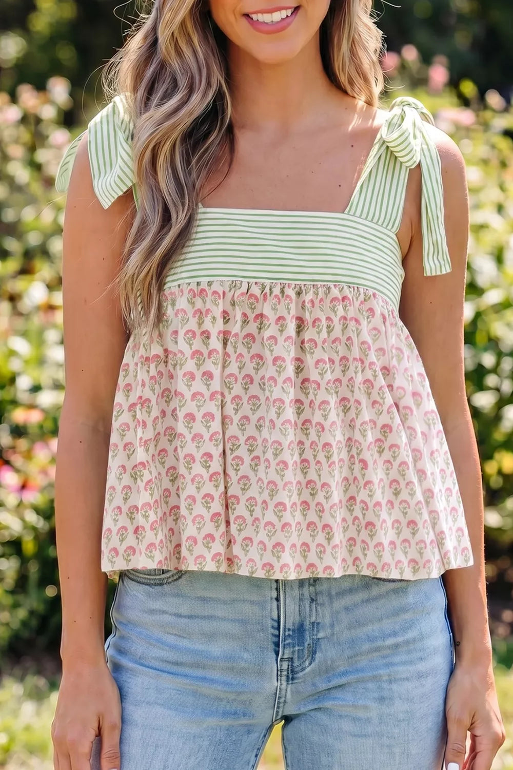 Floral tie strap cami adjustable strap detail