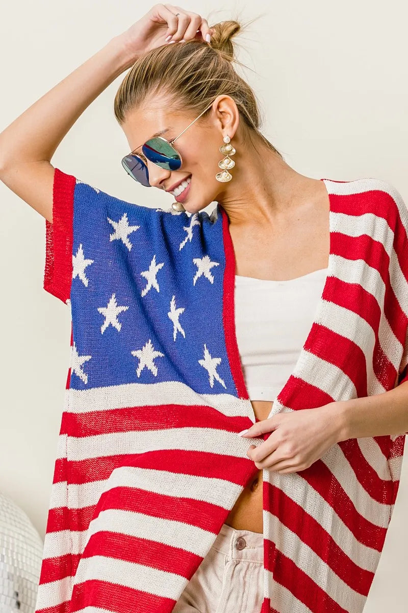 BiBi American Flag Low Gauge Knit Cardigan - Fashorio