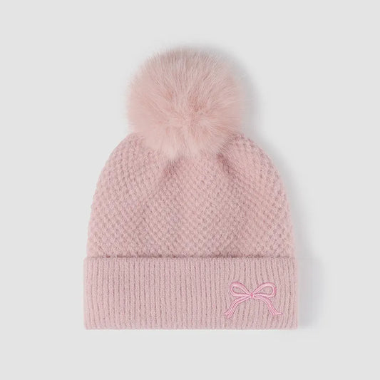 Thermal Bow Knit Hat with Pompom Pink One Size - Fashorio