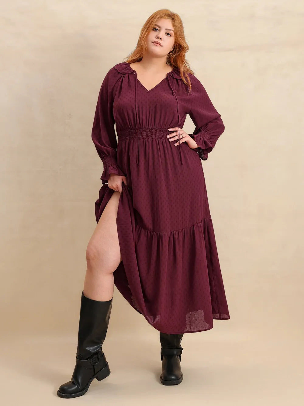 Swiss dot tie neck flounce maxi dress in burgundy side view
