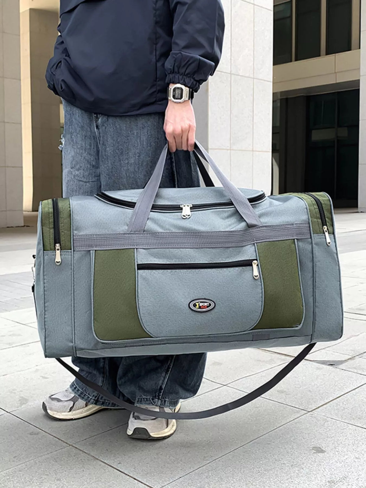 Gray large travel duffel bag side view